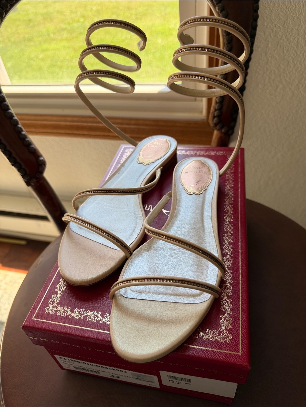 Rene Caovilla Nude Beige Spiral-Ankle Sandals with Double Front Straps